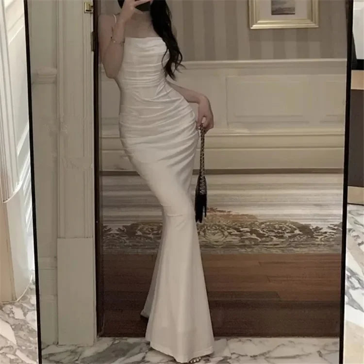 Women Elegant Sexy Bodycon Mermaid Dress Summer Sleeveless Strap Evening Party Robe Korean Female Solid Long Vestidos Y2k