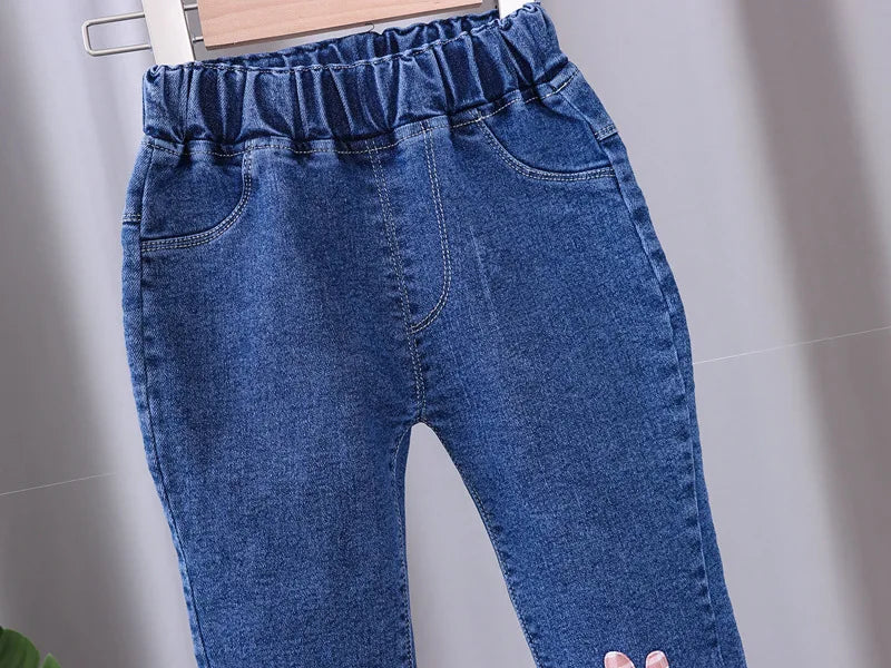 Children's Jeans 2024 New Spring and Autumn Girls Cartoon Elastic Horn Jeans Baby Fashion Pants 0-5 Years Old