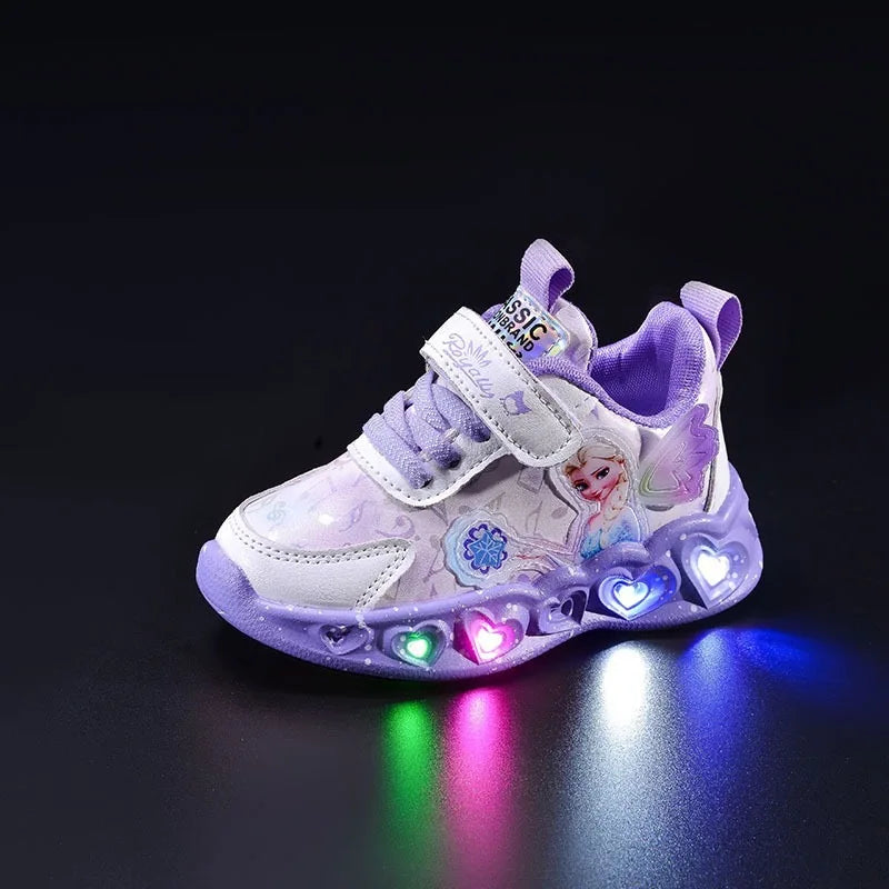 Kids Led Light Shoes Girls Disney Frozen Casual Sneakers Princess Elsa Children Toddler Breathable Sport Running Shoes