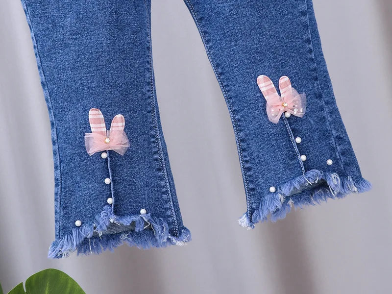 Children's Jeans 2024 New Spring and Autumn Girls Cartoon Elastic Horn Jeans Baby Fashion Pants 0-5 Years Old