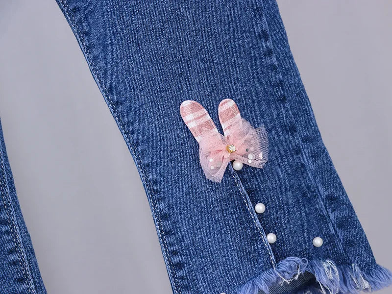 Children's Jeans 2024 New Spring and Autumn Girls Cartoon Elastic Horn Jeans Baby Fashion Pants 0-5 Years Old