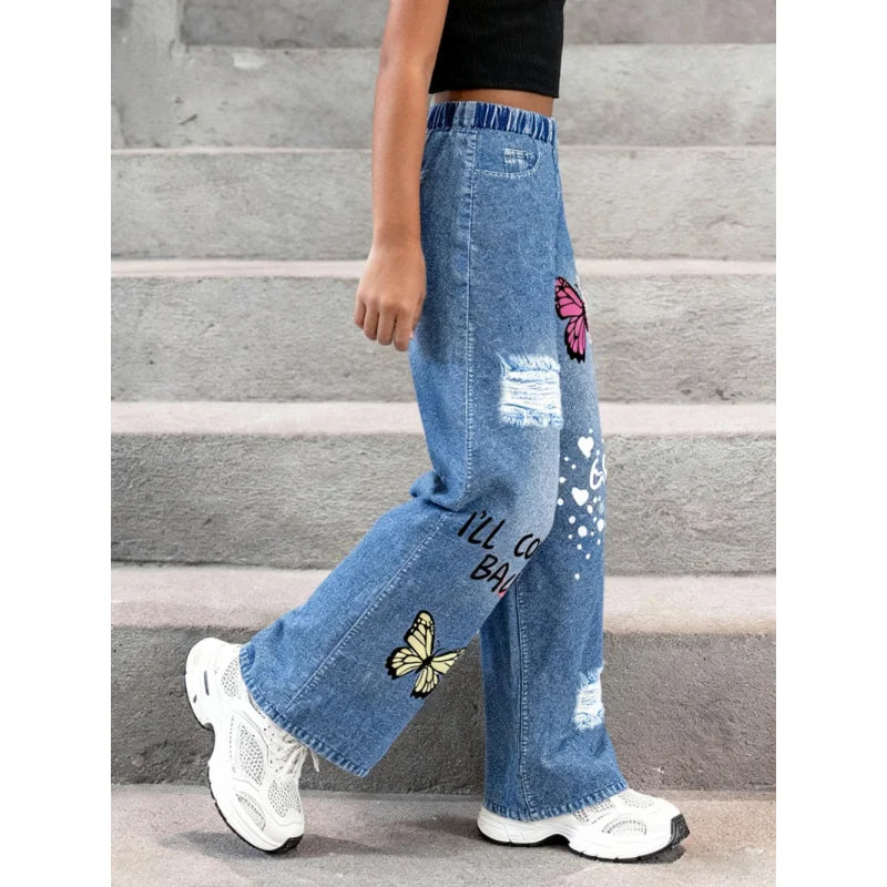 2025Girls' Y2K Butterfly Print Ripped Faux Jeans High-Rise Elastic Waist Loose Wide-Leg Faux Jeans