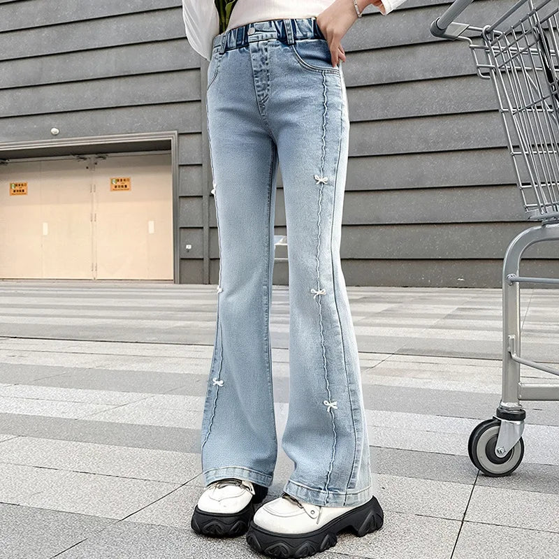 Girls Summer Fashion Jeans with Butterfly New Arrvial Kids Vintage Tight Denim Flare Pants Teenage Slim Trousers