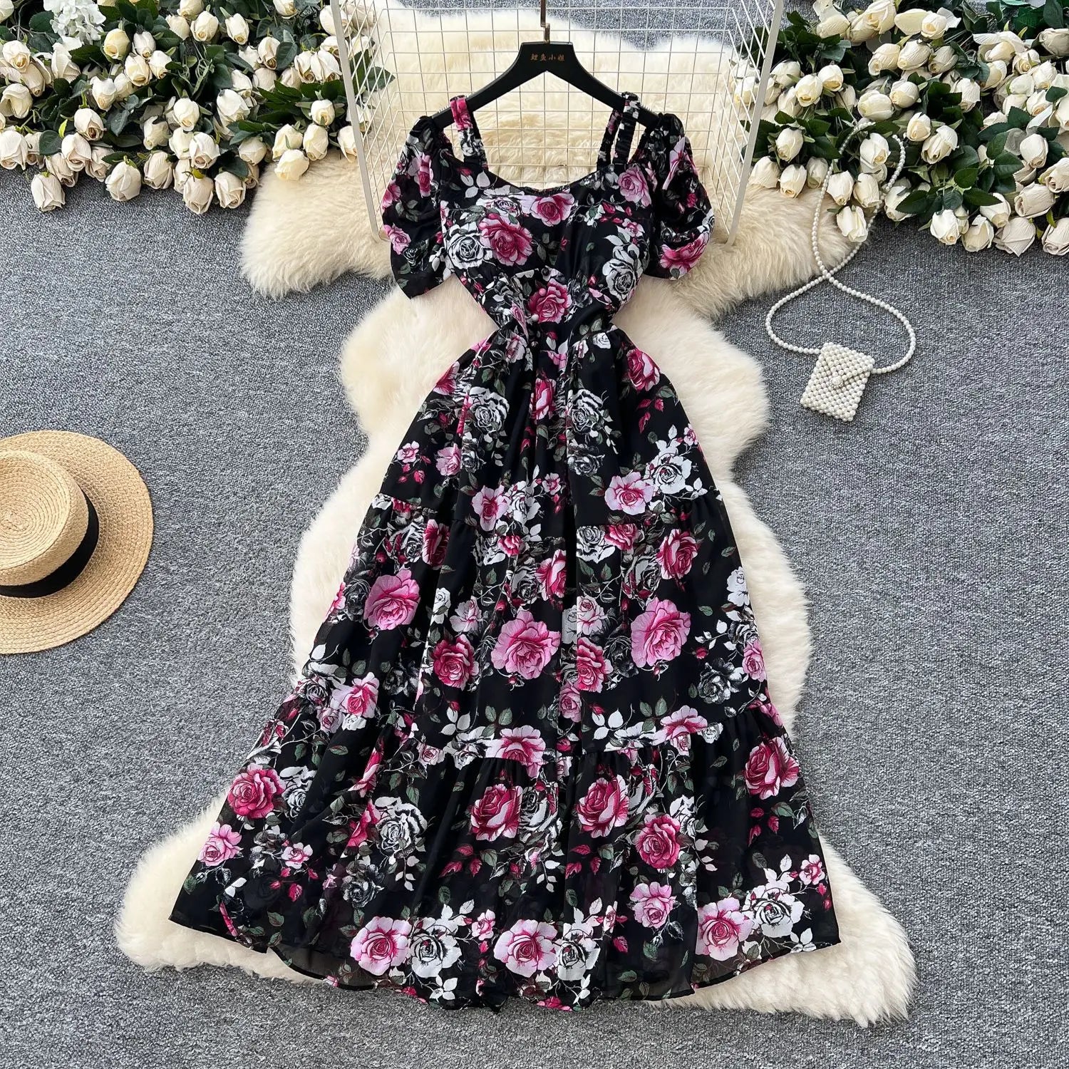 Summer 2025 French Style New Fashion Women's Elegant Trendy Printed Short Puff Sleeve Ankle Length Slim Dresses Female Clothes