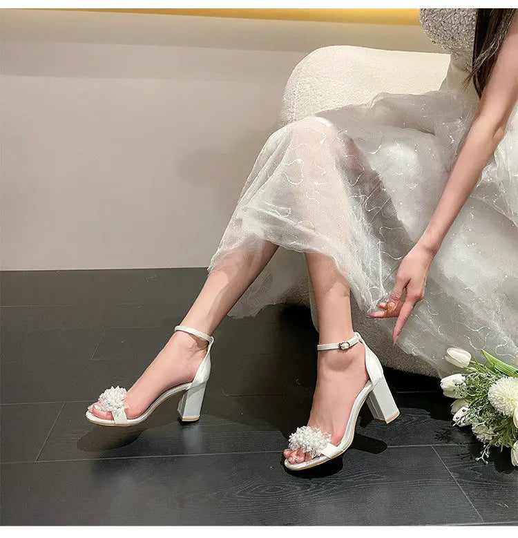 2025 New Style Thick Heel Line With Round Head Large Size Sandals Pearl Buckle High Heel White Bridal Wedding Shoes For Female