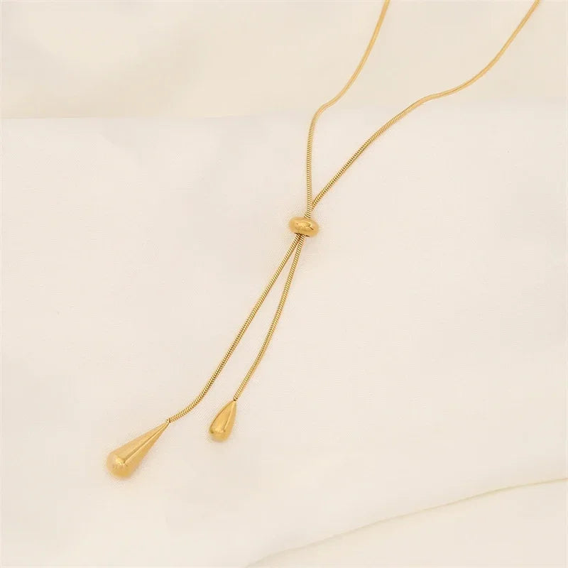 Stainless Steel New Fashion Jewelry Sets Pulling Adjustment Droplet Shape Charm Chain Choker Necklaces Earrings for Women
