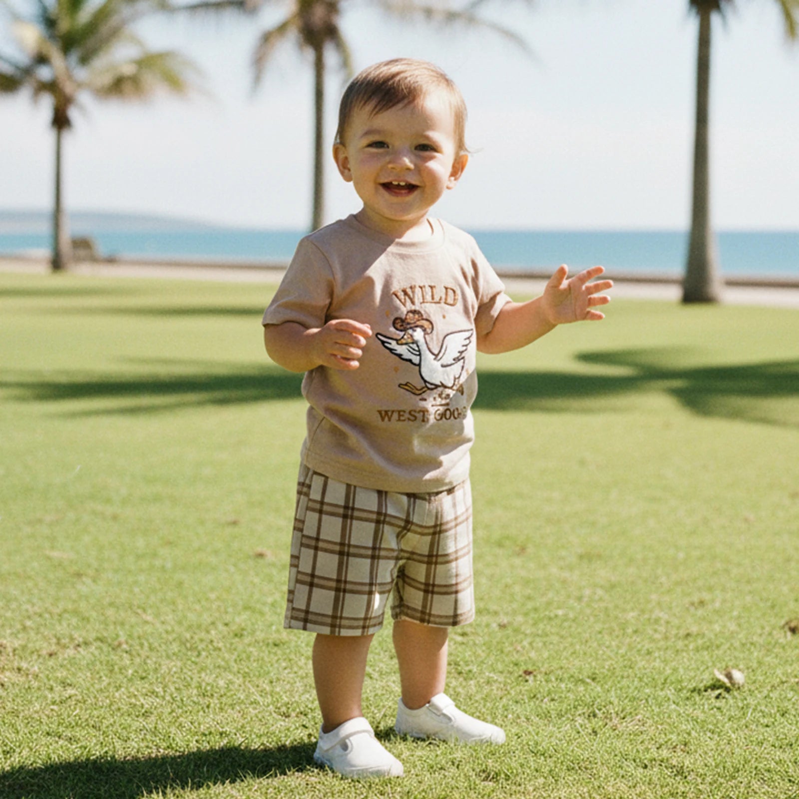 Summer Kids Toddler Baby Boys Outfits Short Sleeve Embroidery Tops Elastic Waist Plaid Shorts Clothes Set