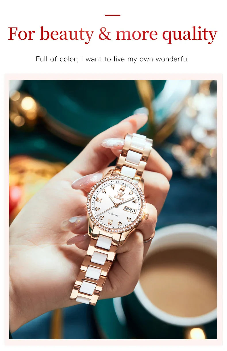 OLEVS Fashion Women Mechanical Watches Luxury Diamond Ceramic Strap Waterproof Luminous Week Calendar Automatic Watch For Women