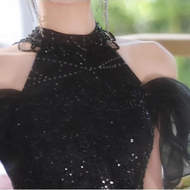 Evening Dresses Luxury 2026 Black Halter Evening Dress Corset Bodice Sequin Tulle Puffy Gown For Gala & Quinceanera