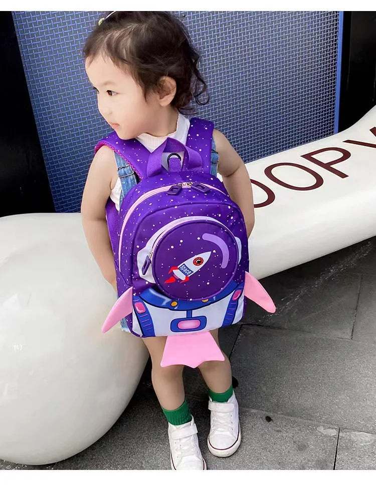 Kids Space Rocket Printed Children's Backpack Traction Rope Anti-lost Lightweight Kindergarten Schoolbag Early Education Bag