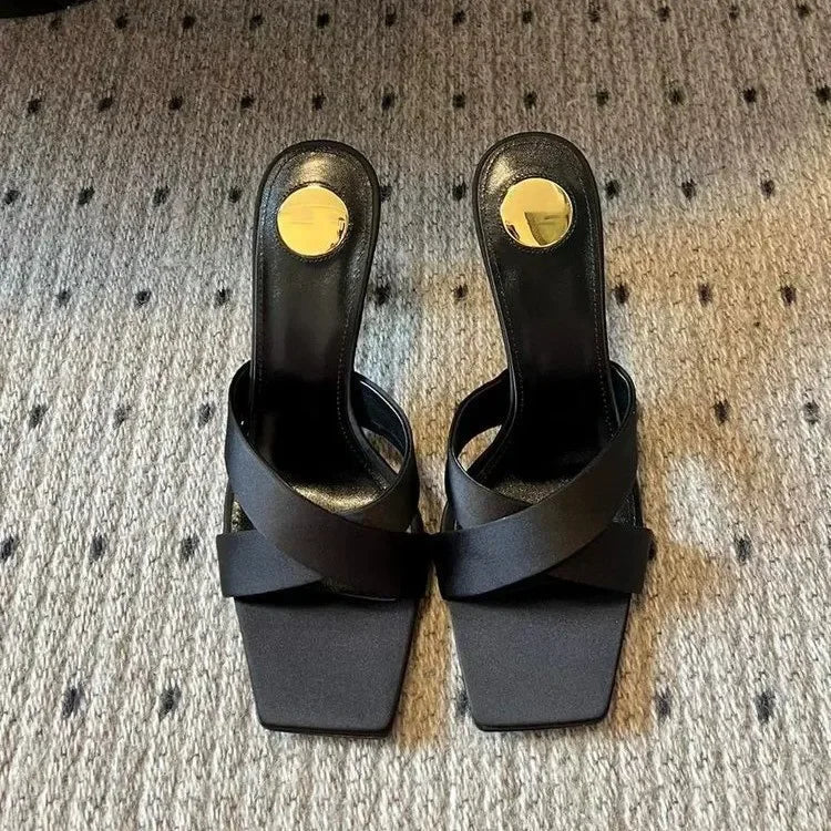 Retro French Open Toed Slim Heel Sandals for Women with Summer Temperament, High-heeled One-piece Slippers Women Shoes