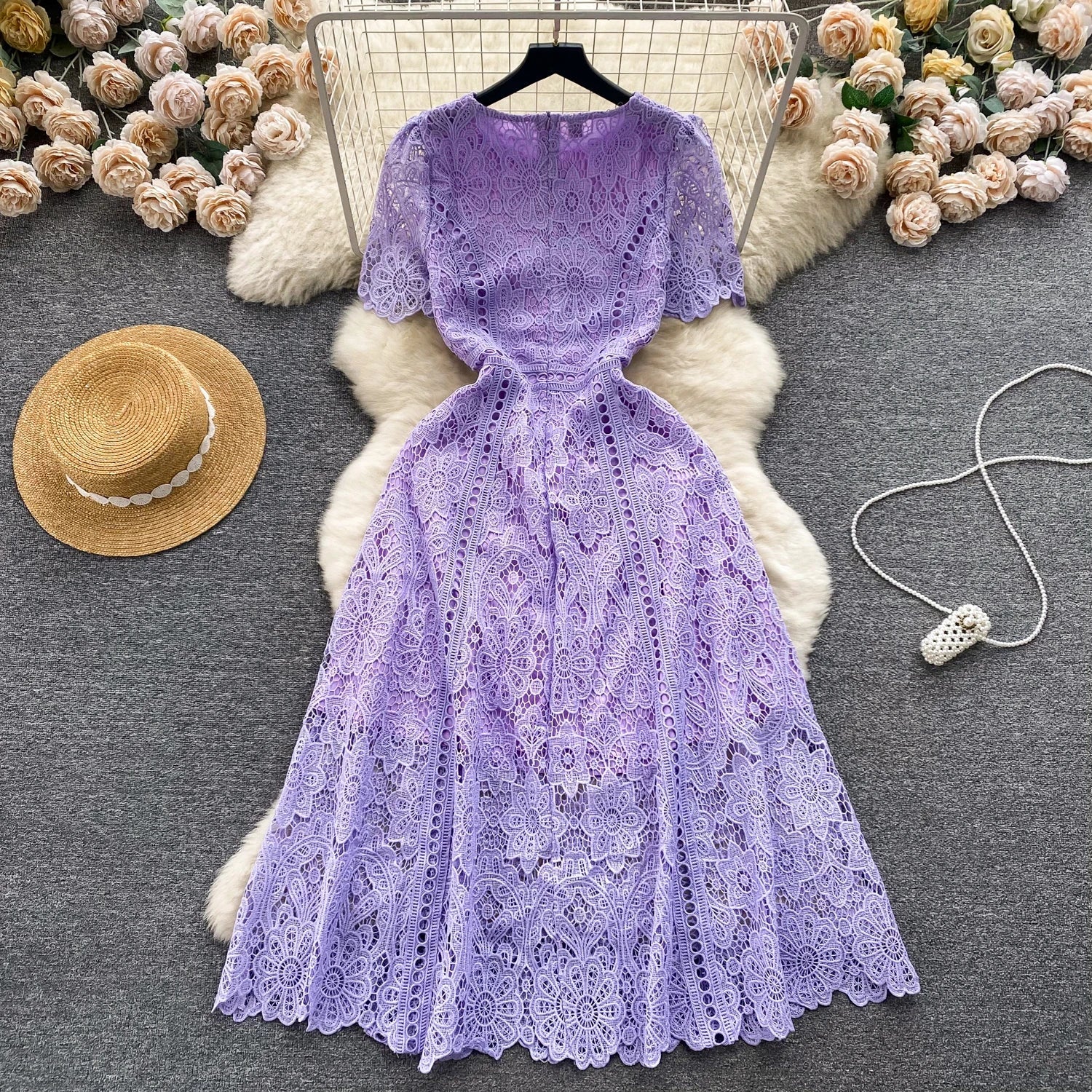 Embroidery Crochet Hollow Out Lace Dress For Women Summer Fashion Runway Short Sleeve Slim Waist Casual Party Midi Vestidos 6931