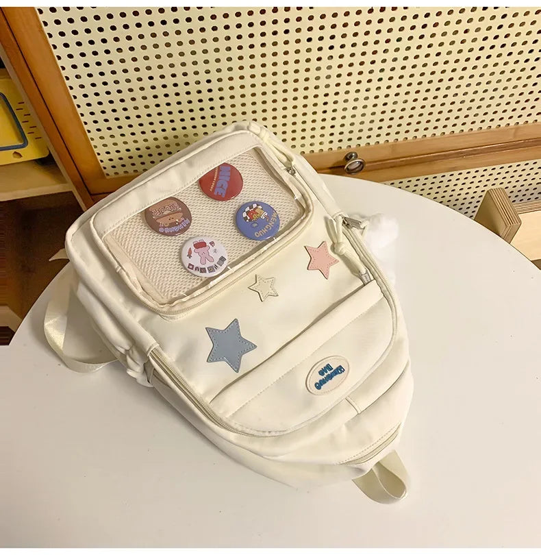 Casual Transparent Badge Large Capacity Commuter Backpack Suitable for Middle School Students Cute School Style Double Shoulder