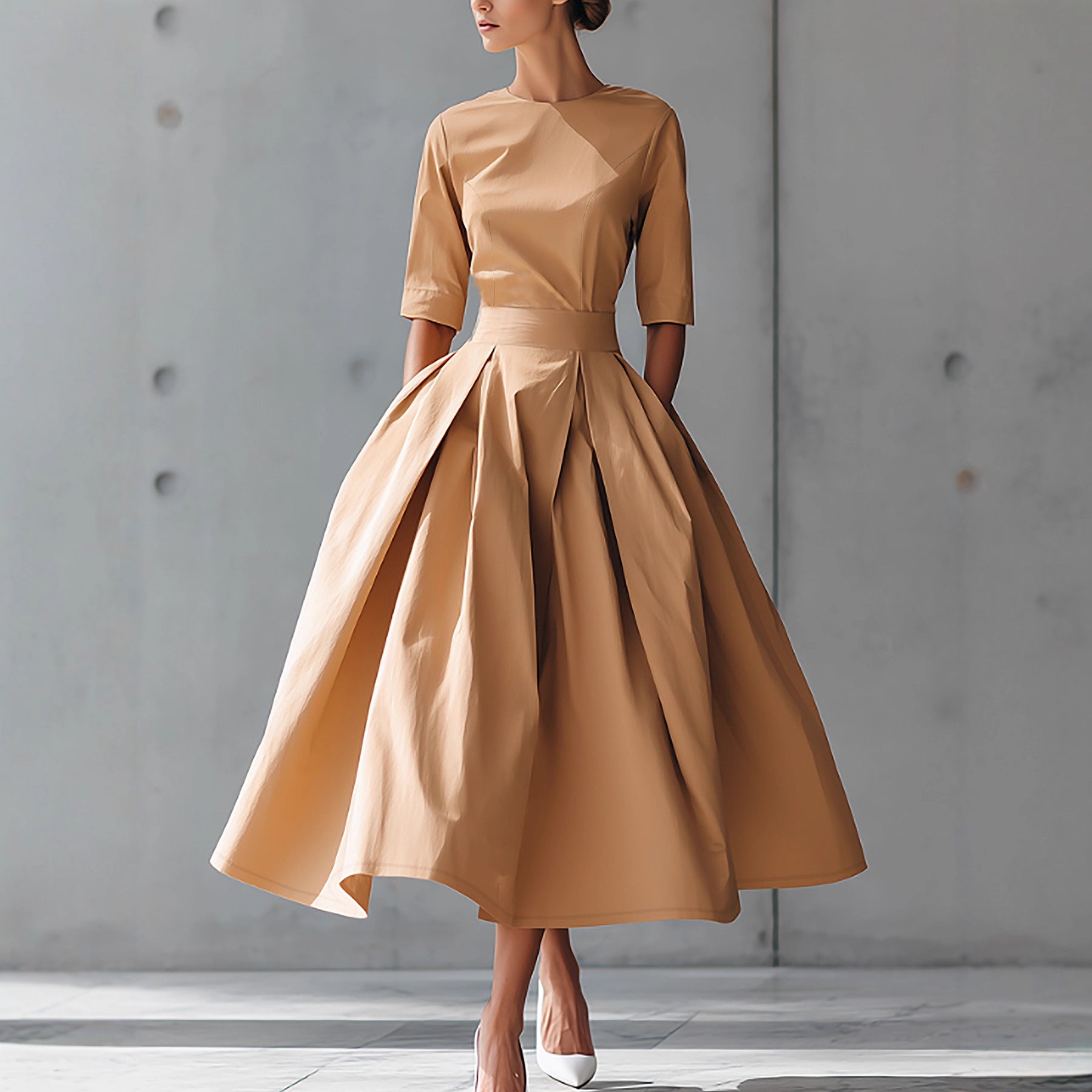Fashionable Casual Elegant Personality Design Three-quarter Sleeve A-line Solid Color Dress