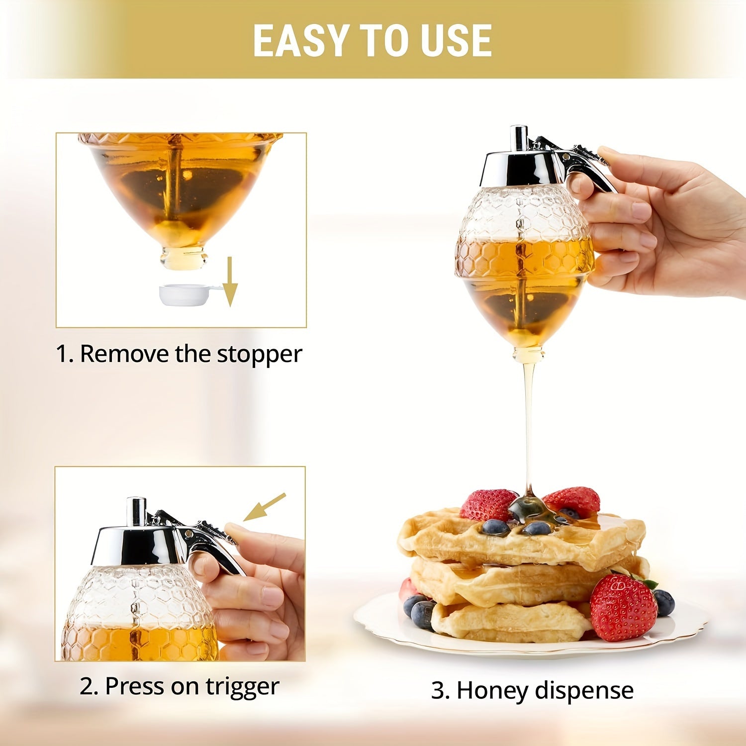 Honeycomb-Patterned Honey Dispenser with Metal Spout - Non-Spill Pouring, Space-Saving Kitchen Countertop Organizer - for Honey, Syrup, Sauce, Spices - Easy-Pour Design, Food-Safe Plastic Construction - Ideal for Home, Restau