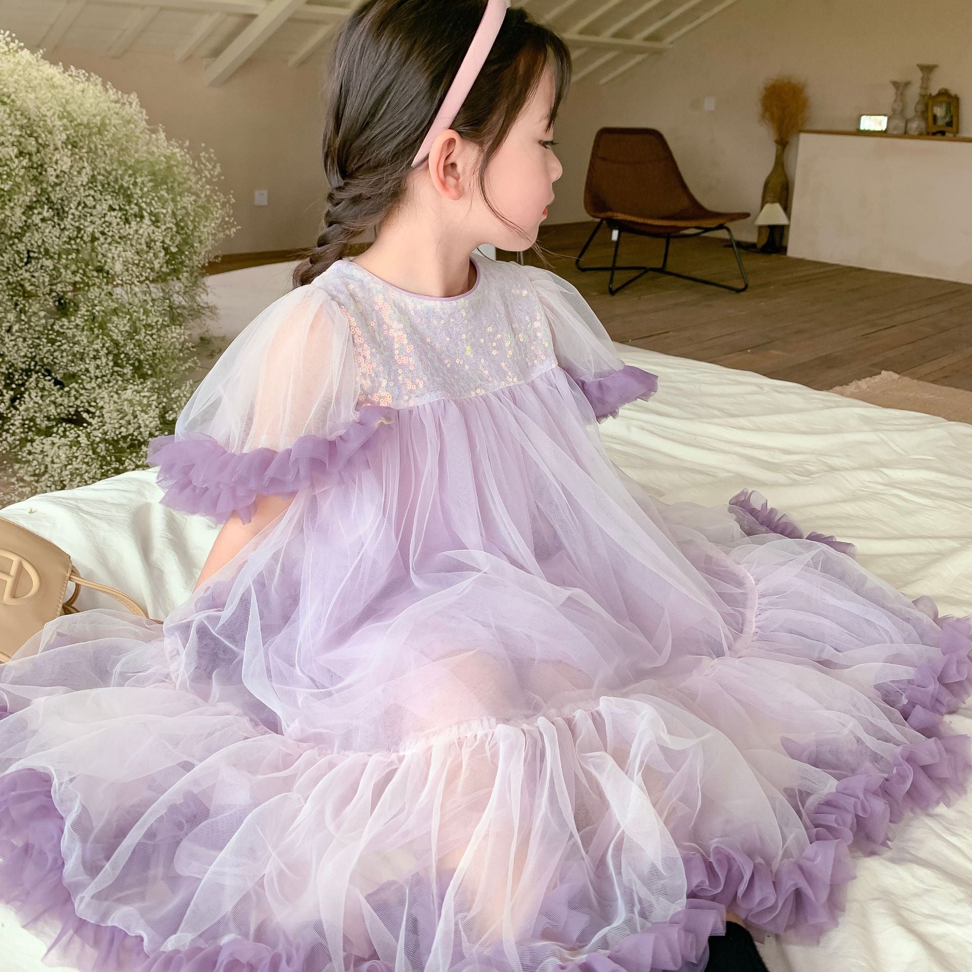 Girls Summer Bow Back Sequined Princess Dress