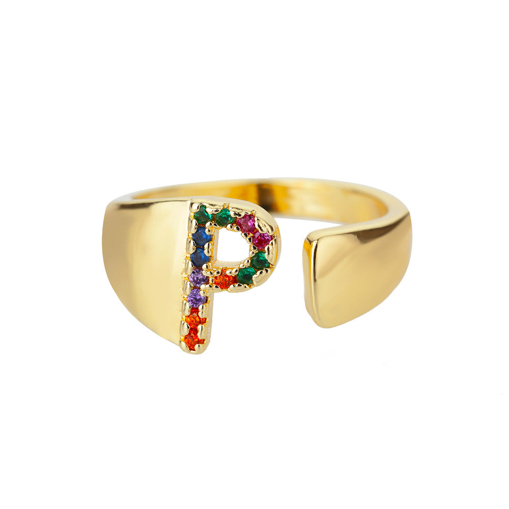 Fashion Micro-set Colored Zirconium 26 English Letters Adjustable Open Ring