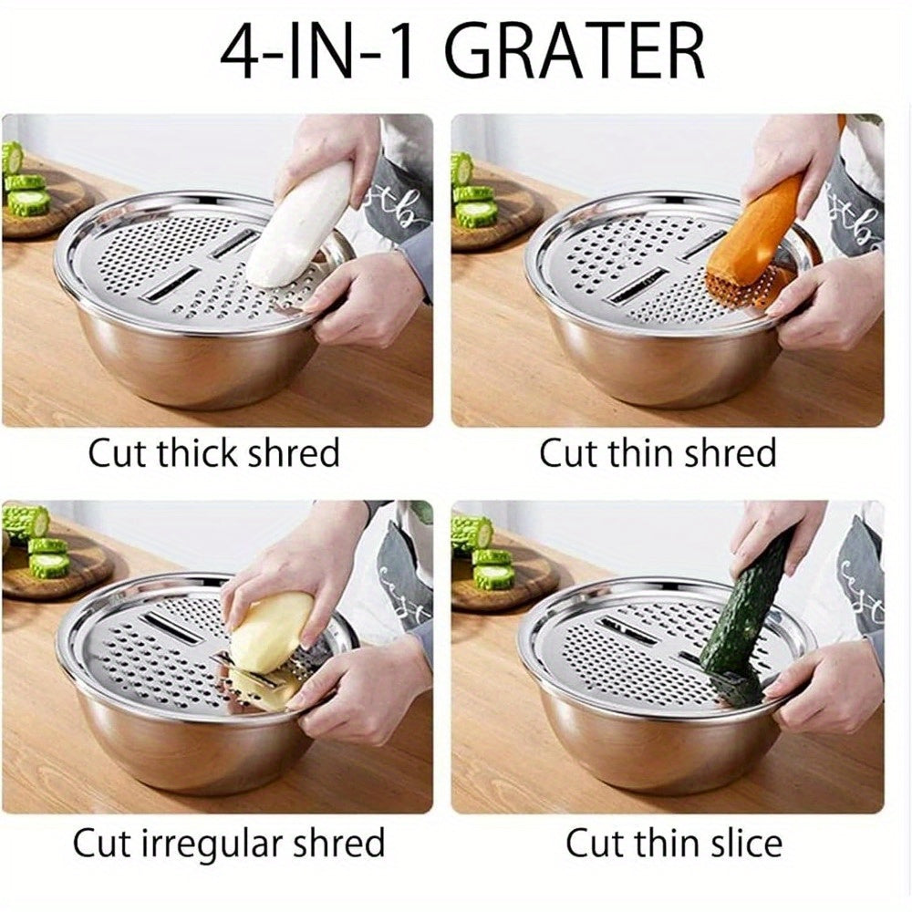 Heavy-Duty Stainless Steel 3-in-1 Vegetable Grater, Salad Maker & Drain Basket - Multi-Purpose Kitchen Tool with Cheese Grater, Salad Chopper, Drain Basin - Space-Saving Design for Home & Commercial Use - Easy to Clean & Rust