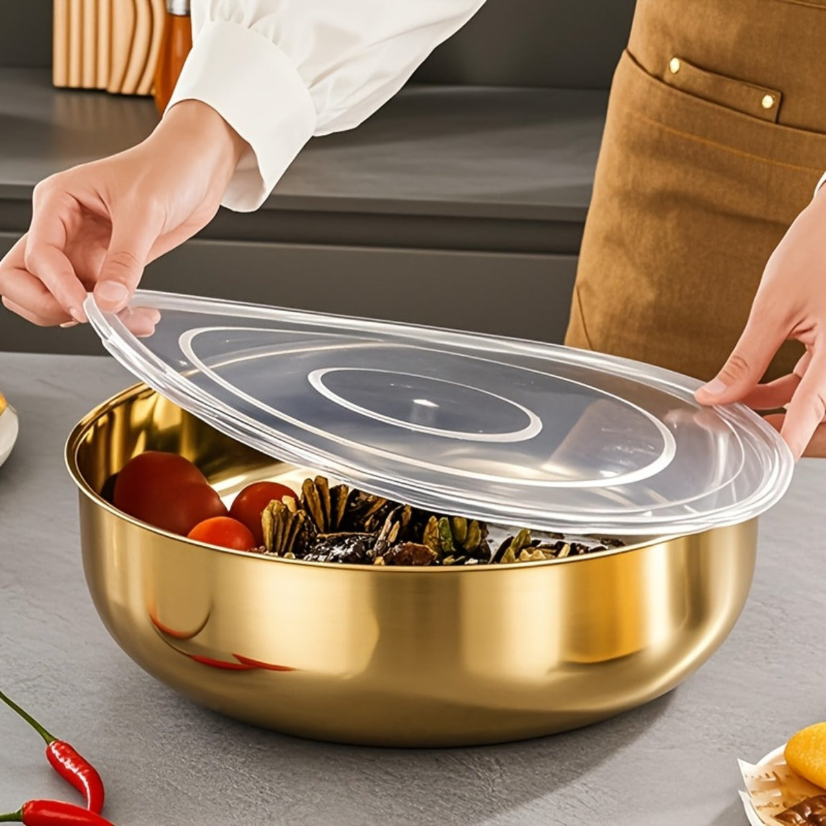 Large Golden Stainless Steel Mixing Bowl with Lid - Rust-Proof, Deep & Wide Design for Kneading Dough, Noodles, Vegetable Cleaning, and Cooking Soup - Perfect for Multifunctional Kitchens, Soup Preparation | Elegant Kitchenwa