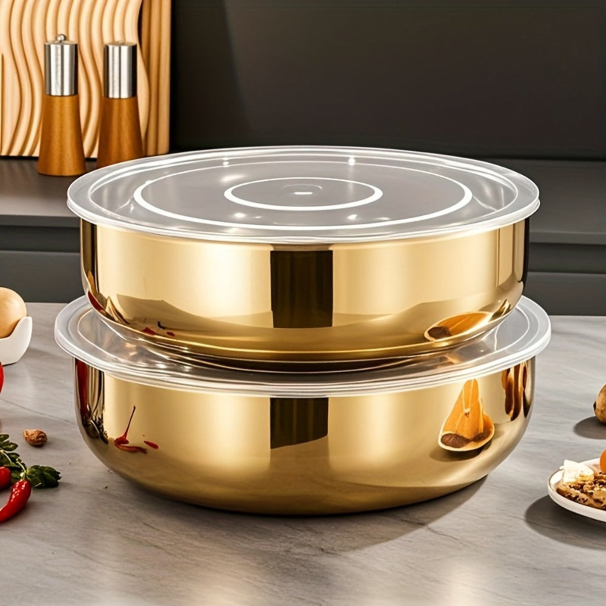 Large Golden Stainless Steel Mixing Bowl with Lid - Rust-Proof, Deep & Wide Design for Kneading Dough, Noodles, Vegetable Cleaning, and Cooking Soup - Perfect for Multifunctional Kitchens, Soup Preparation | Elegant Kitchenwa