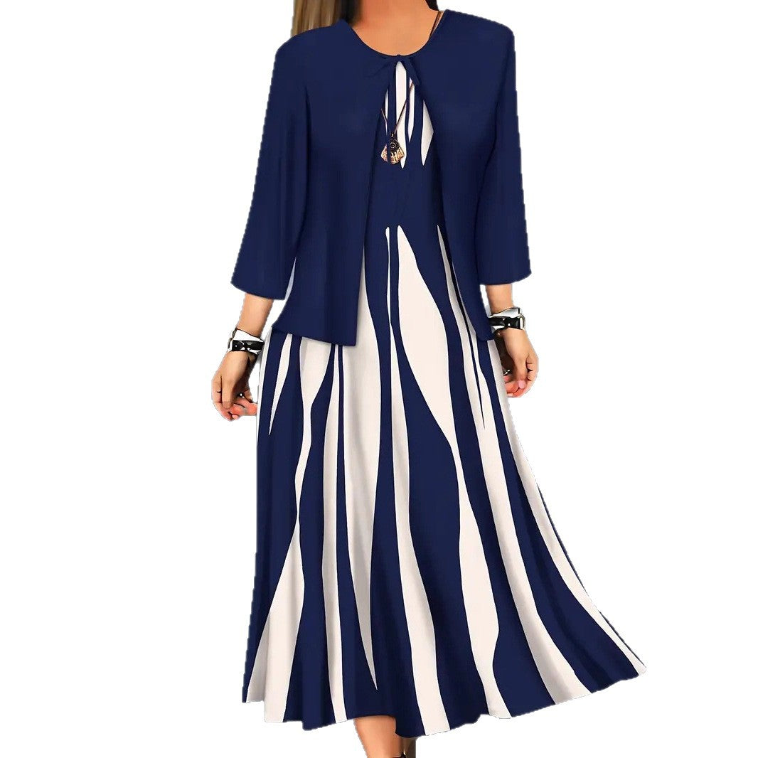 Geometric Print Plus Size Dress Long Sleeve Top Coat Long Skirt Two-piece Set