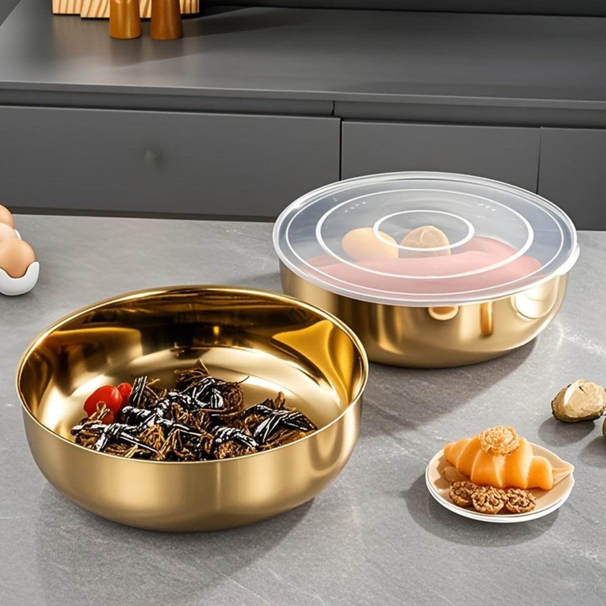Large Golden Stainless Steel Mixing Bowl with Lid - Rust-Proof, Deep & Wide Design for Kneading Dough, Noodles, Vegetable Cleaning, and Cooking Soup - Perfect for Multifunctional Kitchens, Soup Preparation | Elegant Kitchenwa