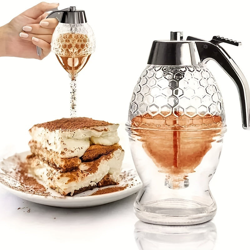 Honeycomb-Patterned Honey Dispenser with Metal Spout - Non-Spill Pouring, Space-Saving Kitchen Countertop Organizer - for Honey, Syrup, Sauce, Spices - Easy-Pour Design, Food-Safe Plastic Construction - Ideal for Home, Restau