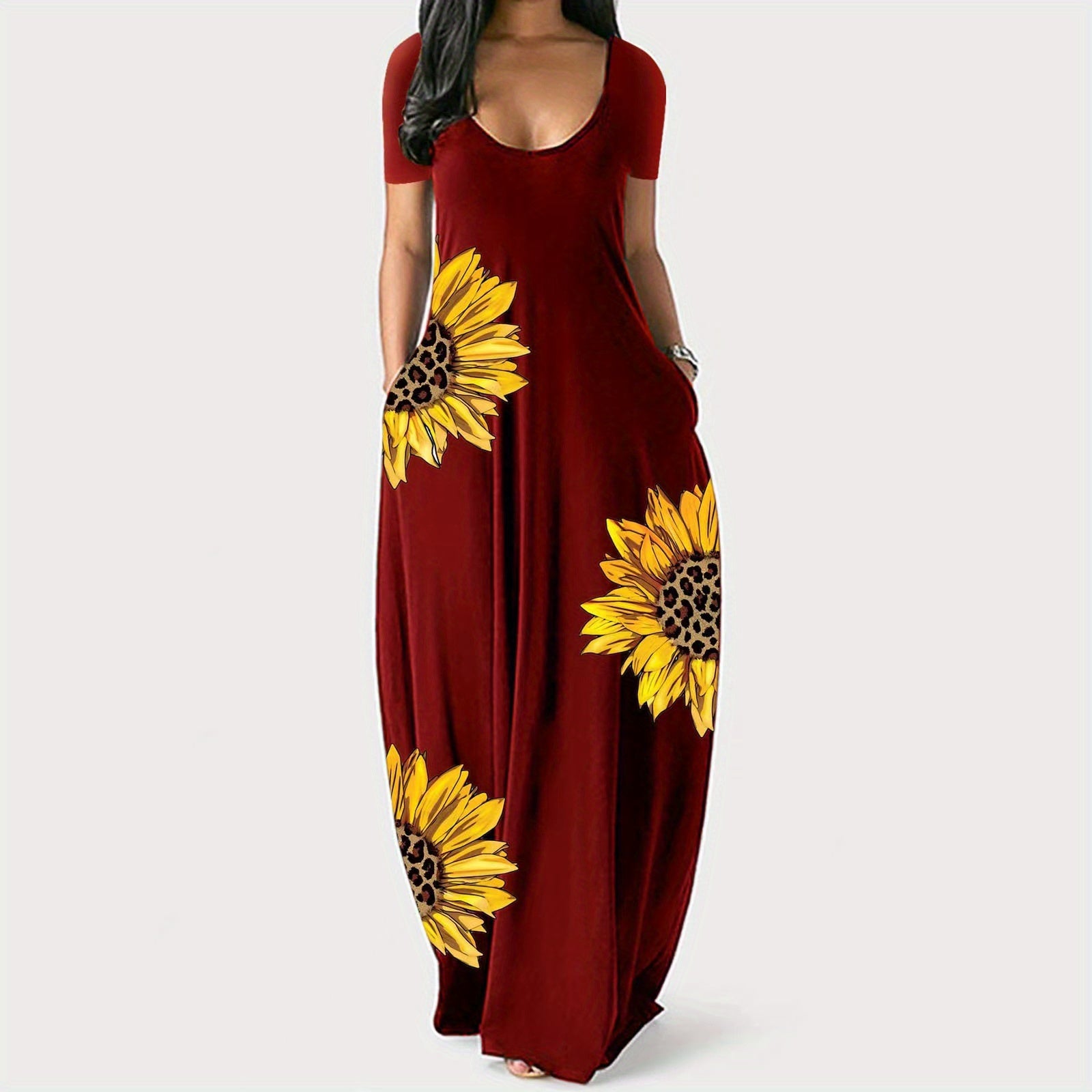 [Sunflower Print Dress] Sunflower Print Women's Dress | Casual Vacation Style, Round Neckline with Wide Opening, Loose Short Sleeve Maxi Skirt