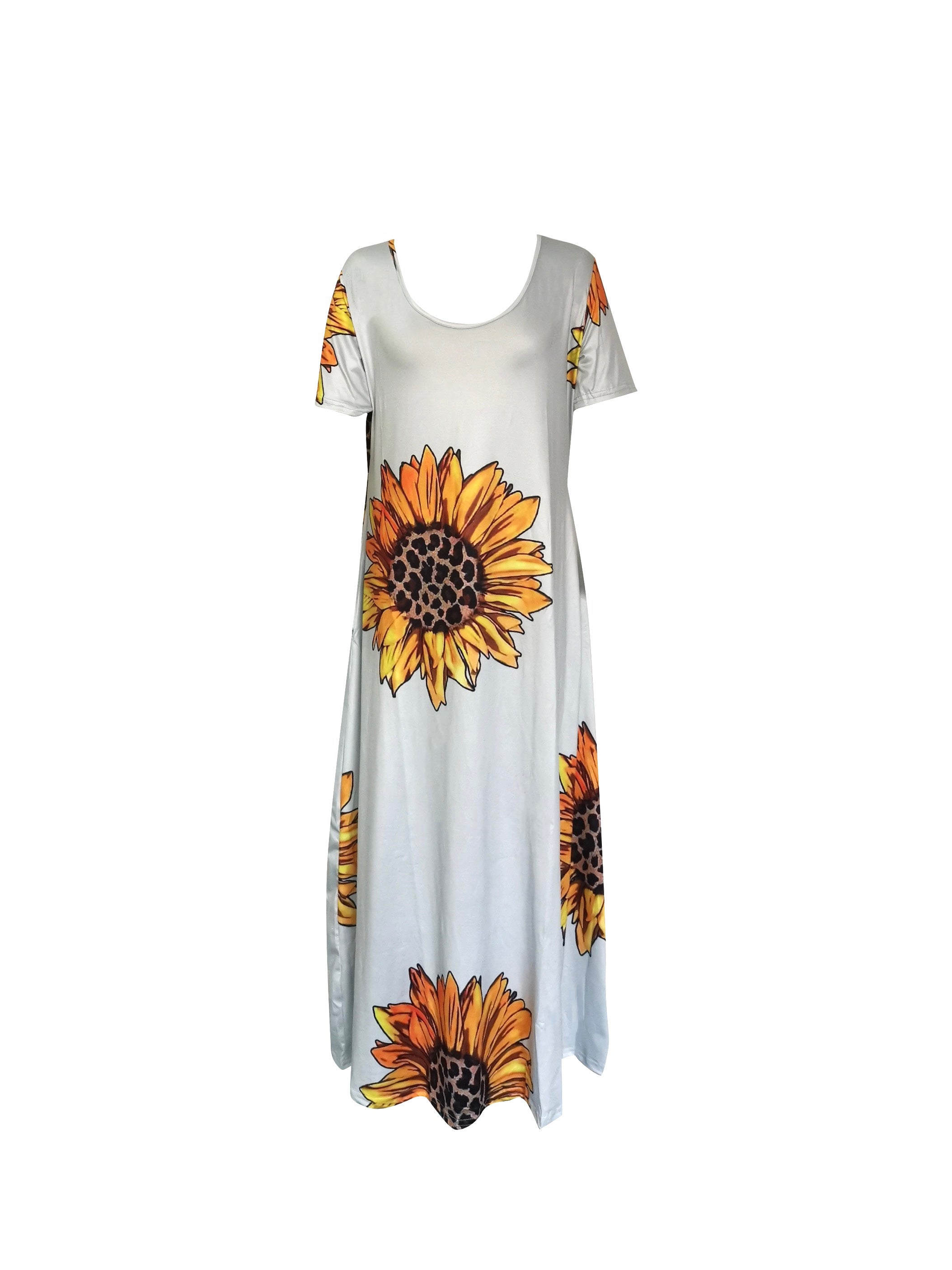 [Sunflower Print Dress] Sunflower Print Women's Dress | Casual Vacation Style, Round Neckline with Wide Opening, Loose Short Sleeve Maxi Skirt