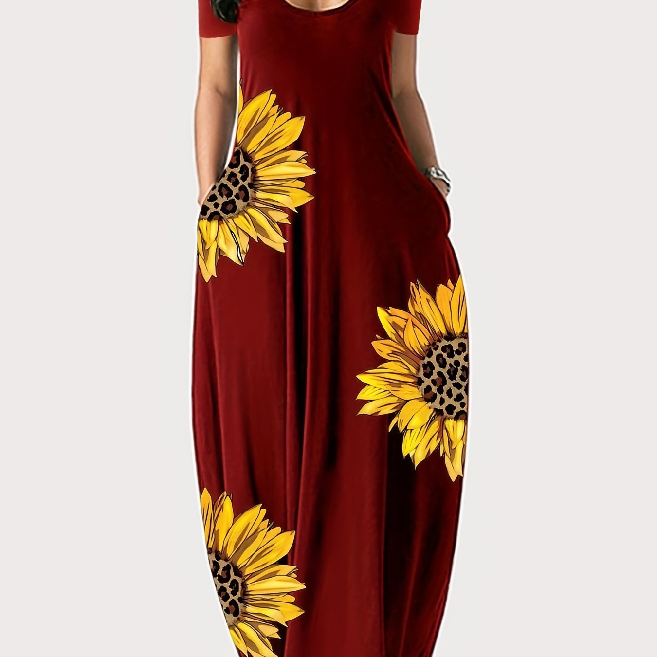 [Sunflower Print Dress] Sunflower Print Women's Dress | Casual Vacation Style, Round Neckline with Wide Opening, Loose Short Sleeve Maxi Skirt