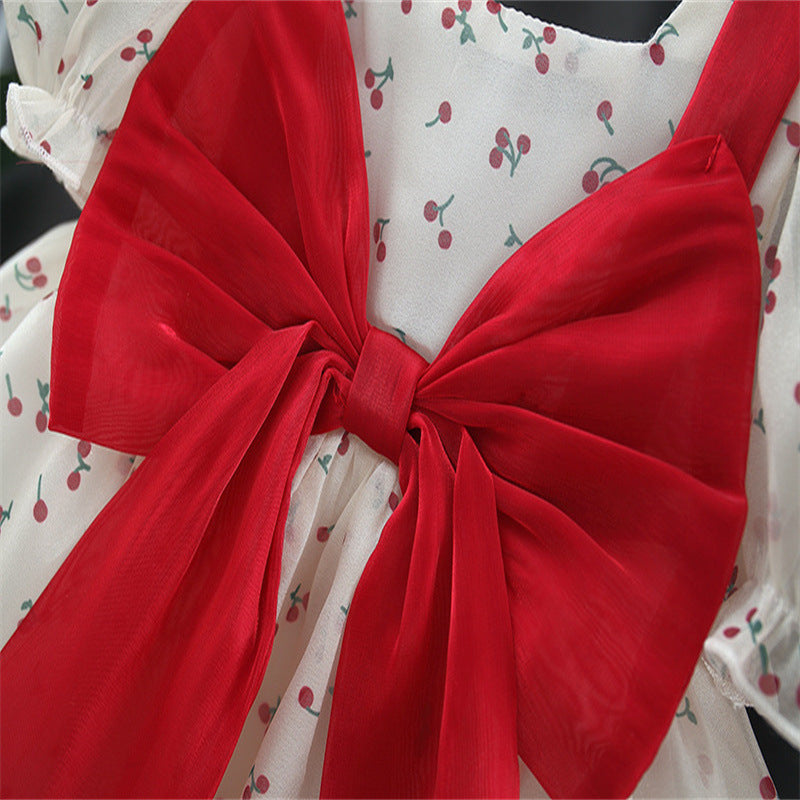 Baby Girl Cherry Princess Dress Puff Sleeve Bow