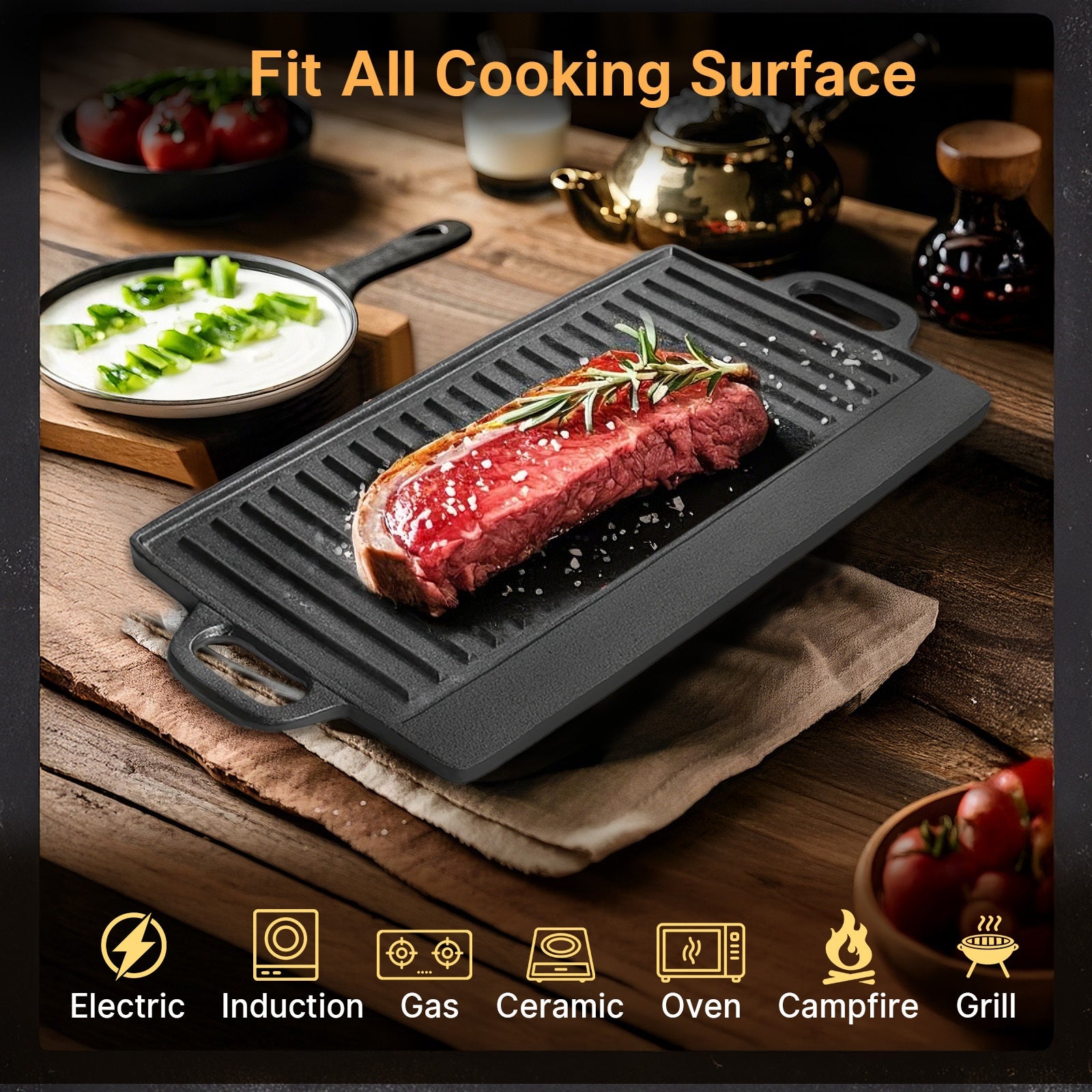 Heavy Duty Reversible Cast Iron Griddle Grill Pan - Double-Sided 21.25x9.44 Inch Single Burner Cookware with Smooth & Ridged Surfaces, Easy-Grip Handles for Stovetop, Oven, Campfire - Perfect for Pancakes, Steak, Burgers, Out