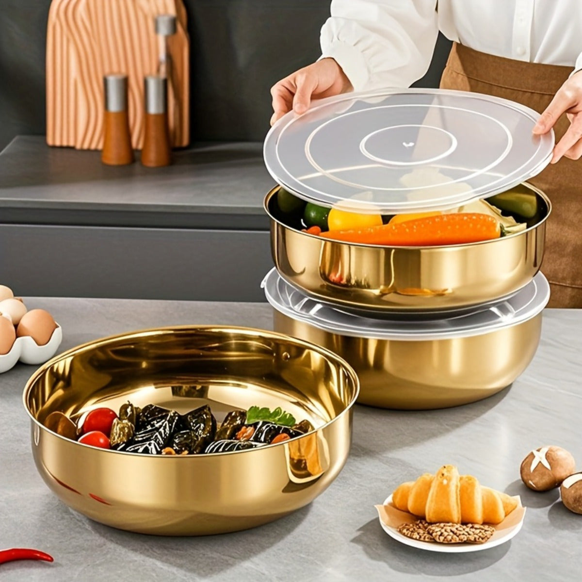 Large Golden Stainless Steel Mixing Bowl with Lid - Rust-Proof, Deep & Wide Design for Kneading Dough, Noodles, Vegetable Cleaning, and Cooking Soup - Perfect for Multifunctional Kitchens, Soup Preparation | Elegant Kitchenwa