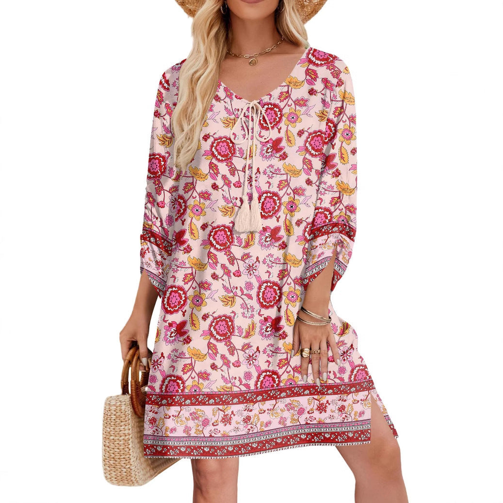 Women's Casual Bohemian V-Neck Tie-Dye Print Dress
