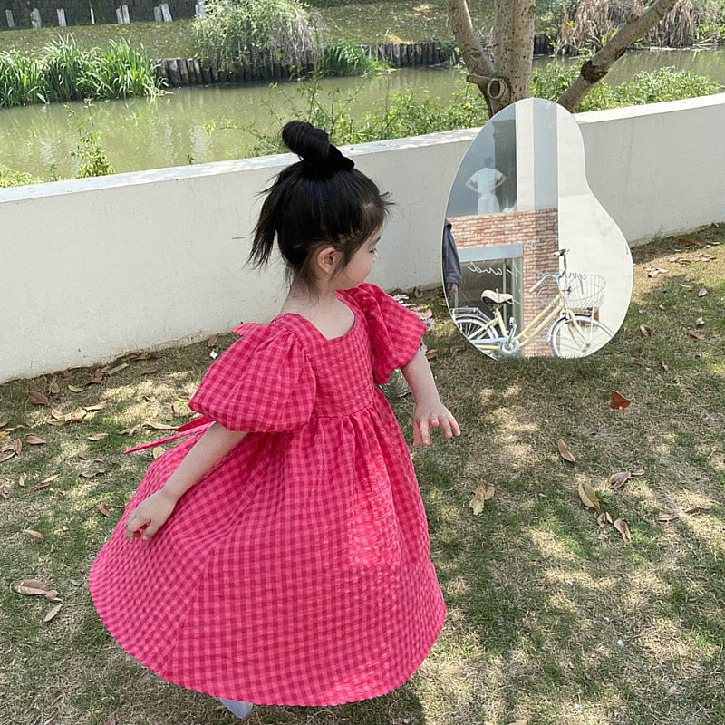 Girls' Plaid Summer Dress Puff Sleeves