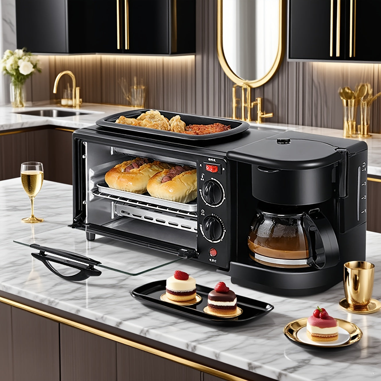 3-in-1 Breakfast Machine with Automatic Power Off, One-Touch Operation for Eggs, Toast & Coffee, Non-Stick Coating, Timer & No Supervision Needed - Compact Square Design for Small Kitchens, 110V US Plug, Kitchen Appliance, Mo