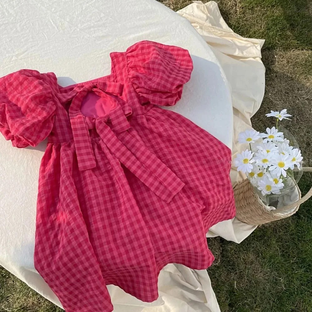 Girls' Plaid Summer Dress Puff Sleeves