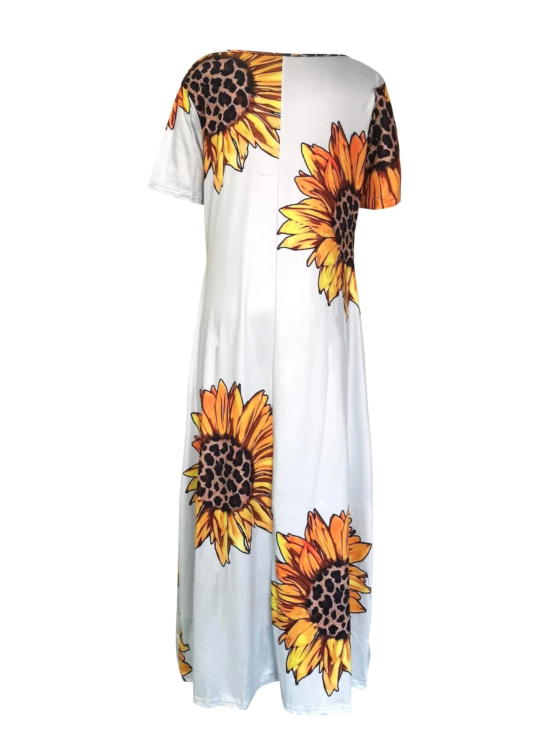 [Sunflower Print Dress] Sunflower Print Women's Dress | Casual Vacation Style, Round Neckline with Wide Opening, Loose Short Sleeve Maxi Skirt