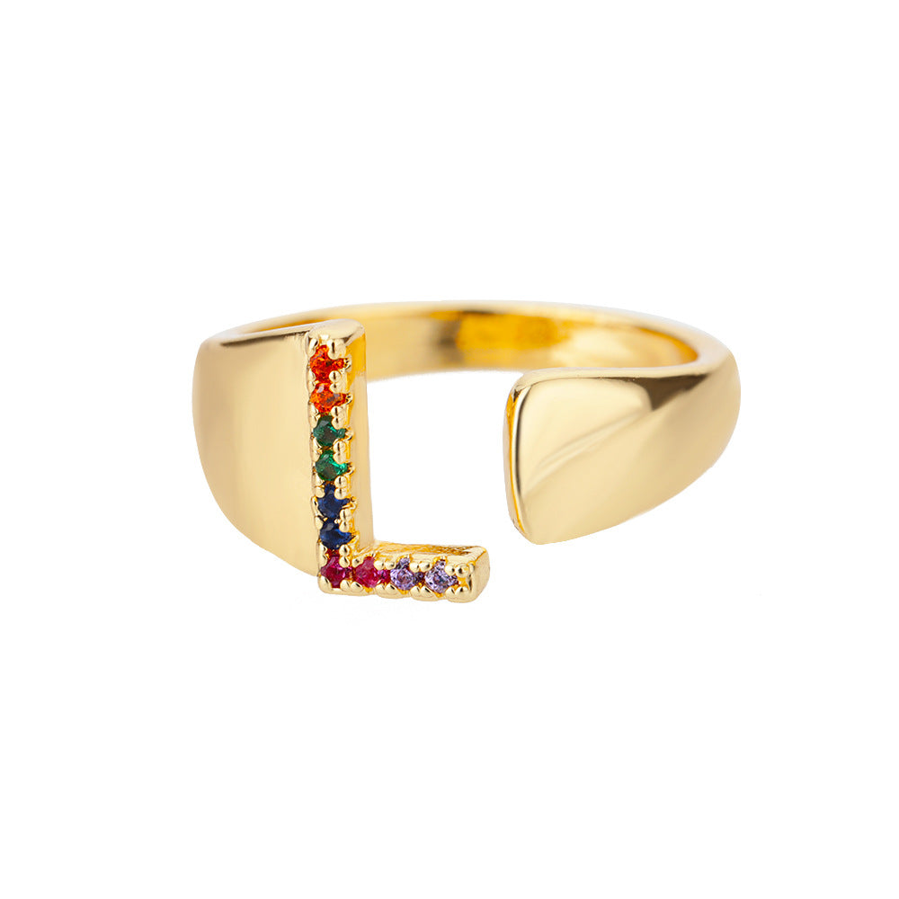 Fashion Micro-set Colored Zirconium 26 English Letters Adjustable Open Ring