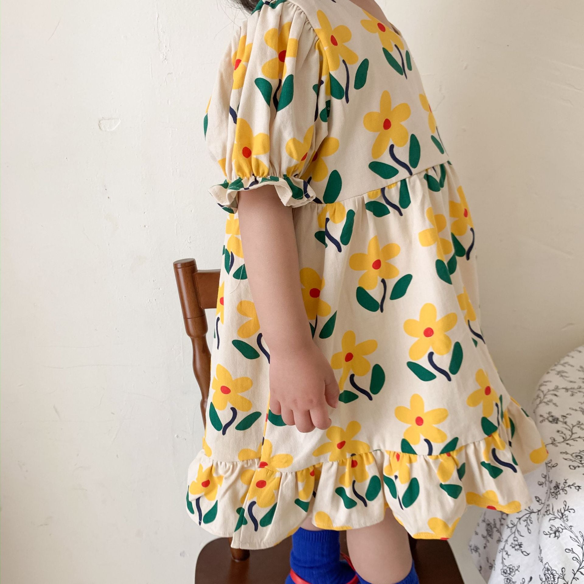 Girls Summer Short Sleeve Flower Print Dress