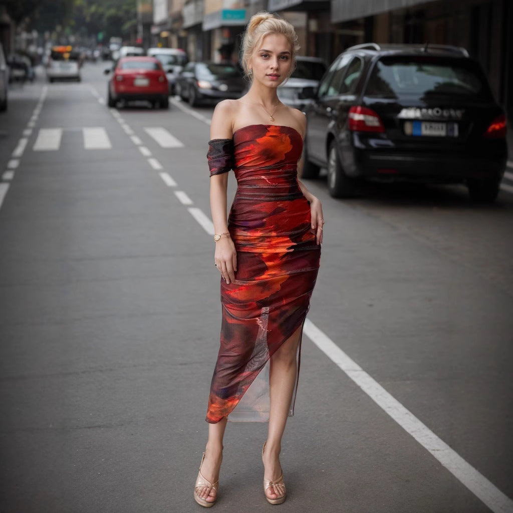 Women's Casual One-Shoulder Slit Wave Hem Chiffon Dress