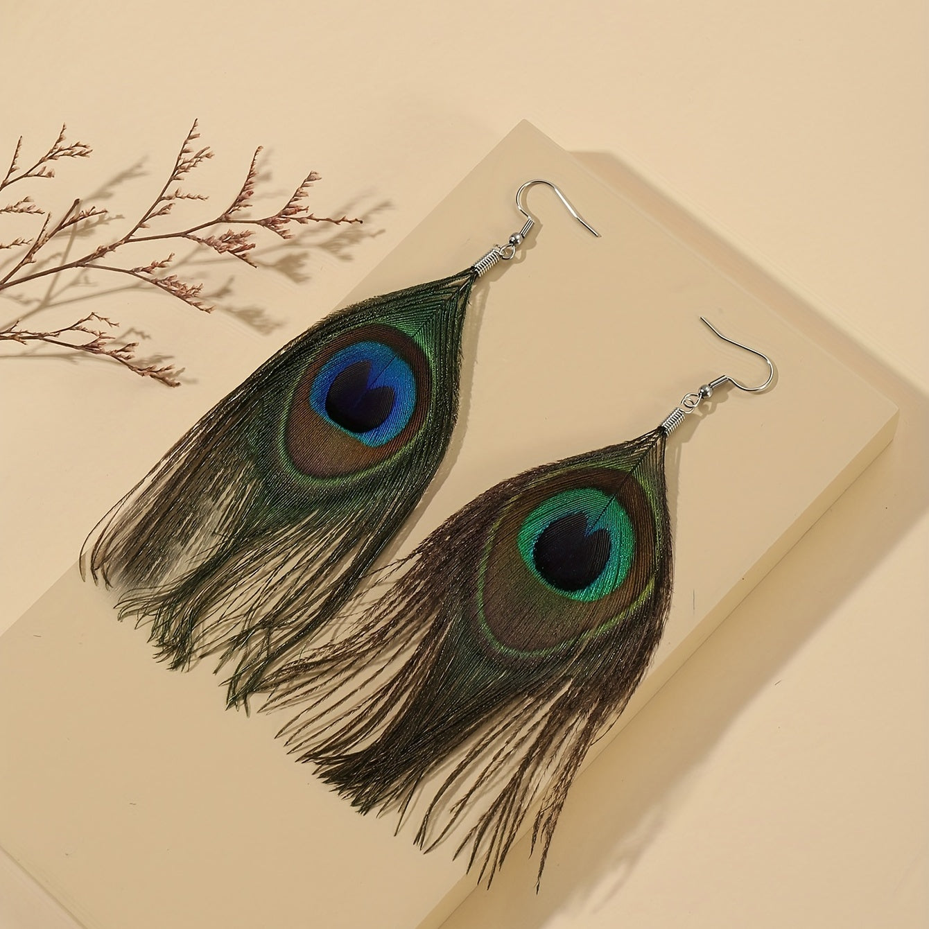 Vintage Bohemian Green Tassel Earrings with Imitation Peacock Feathers - Long Drop Earrings for Women's Dress Accessories