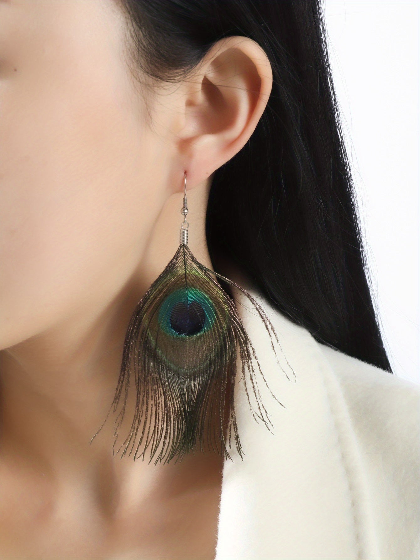 Vintage Bohemian Green Tassel Earrings with Imitation Peacock Feathers - Long Drop Earrings for Women's Dress Accessories