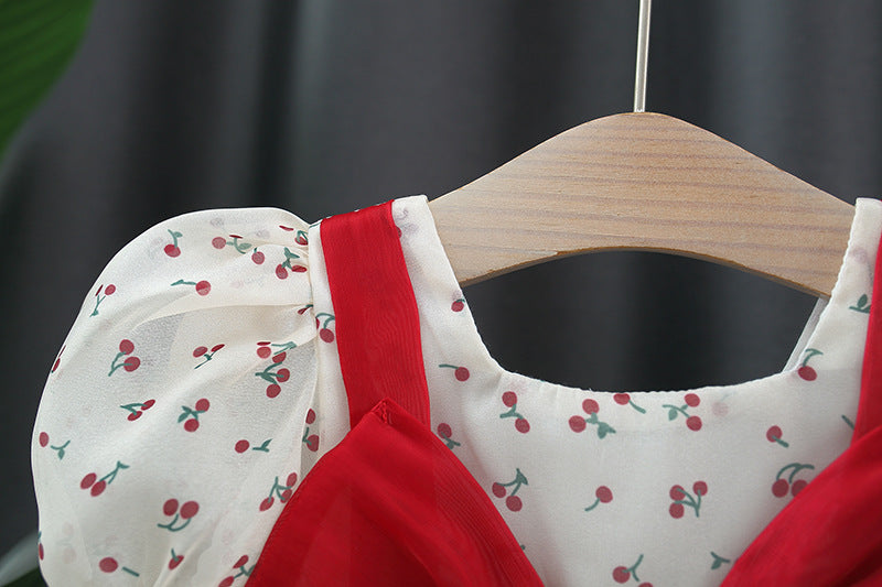 Baby Girl Cherry Princess Dress Puff Sleeve Bow