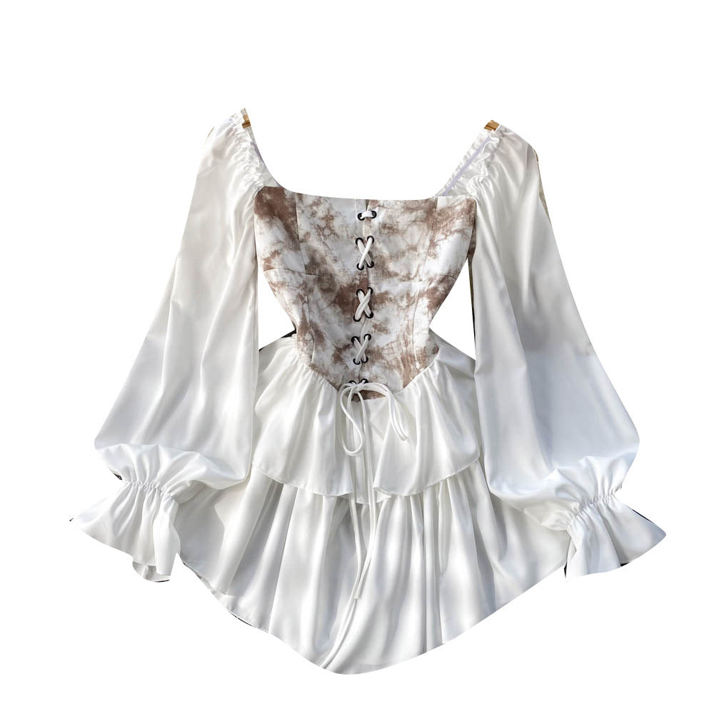 New Square-neck Retro One-shoulder Tie-dye Court-style Ruffled Dress