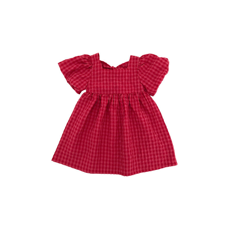 Girls' Plaid Summer Dress Puff Sleeves