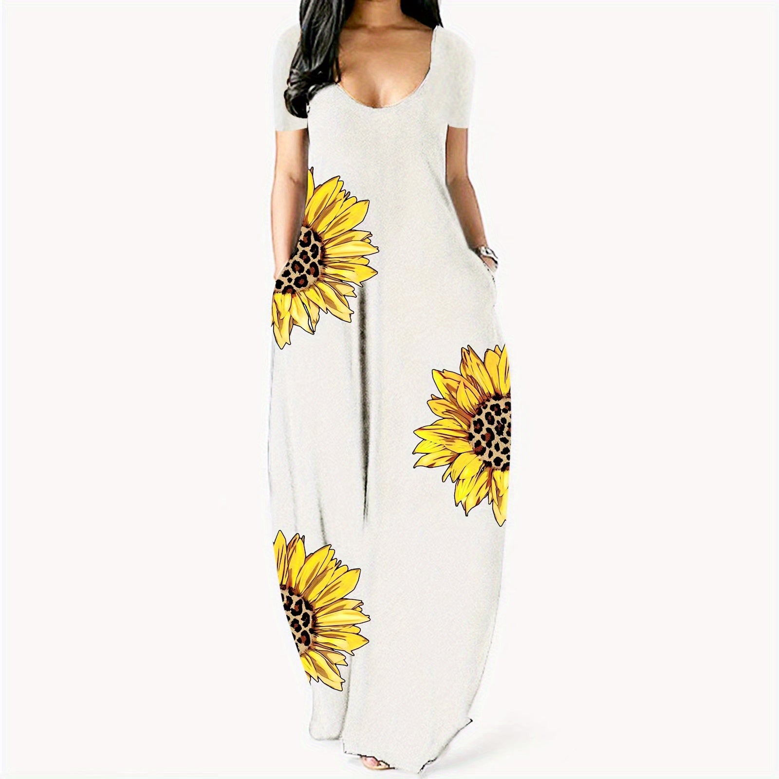 [Sunflower Print Dress] Sunflower Print Women's Dress | Casual Vacation Style, Round Neckline with Wide Opening, Loose Short Sleeve Maxi Skirt