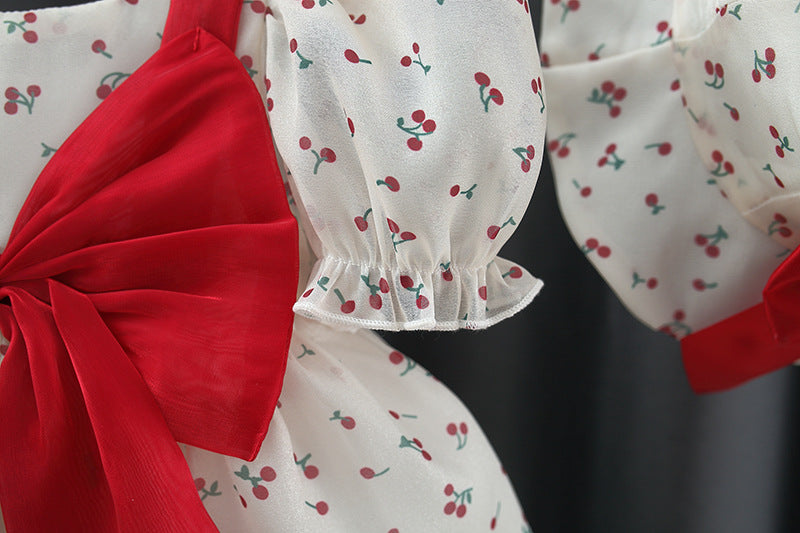 Baby Girl Cherry Princess Dress Puff Sleeve Bow