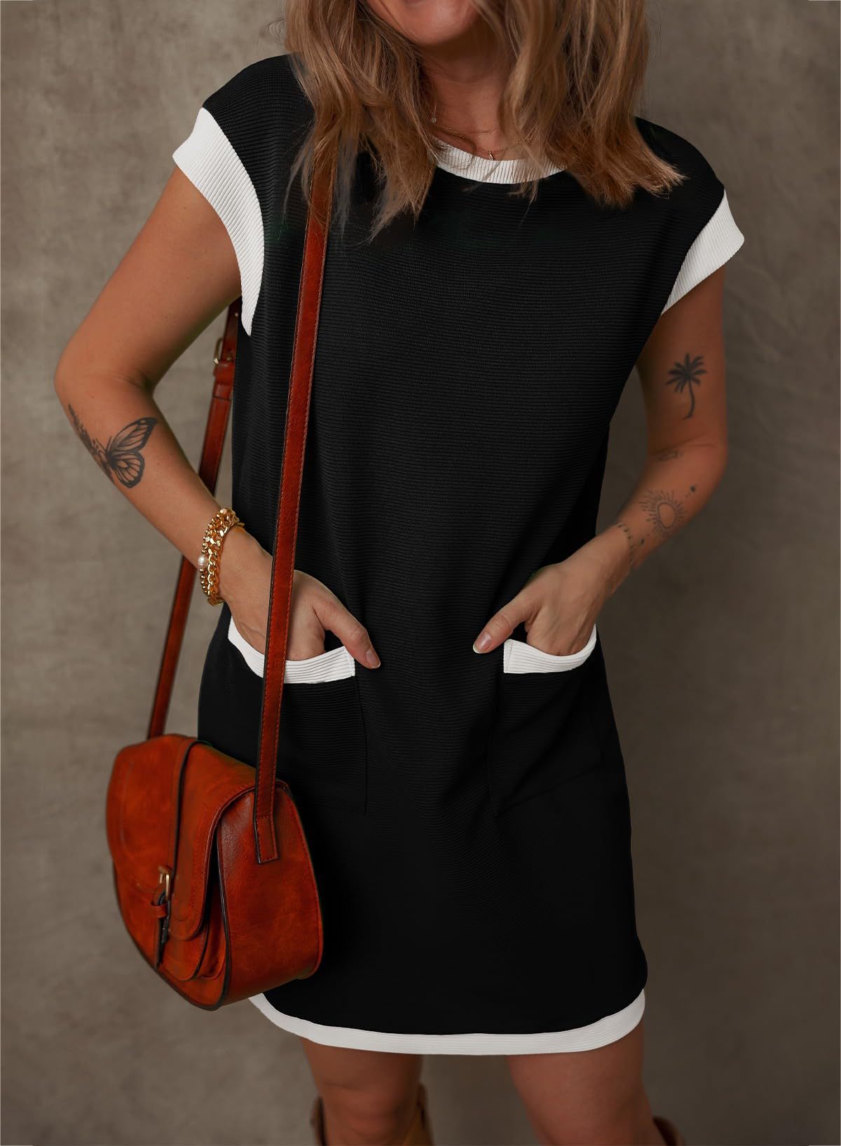 Women's Pullover Pocket Flap Sleeve Color-blocked Straight Dress
