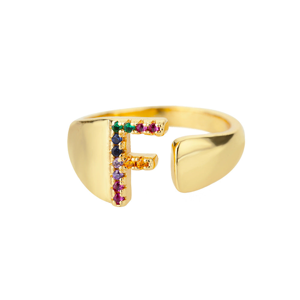 Fashion Micro-set Colored Zirconium 26 English Letters Adjustable Open Ring